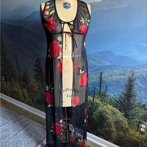 Vintage Evolution Black Maxi Sheer Vest with Red Roses